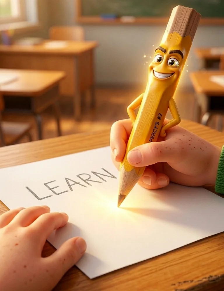 పెన్సిల్ LEARN అని రాస్తూ గర్వంగా ఉంది