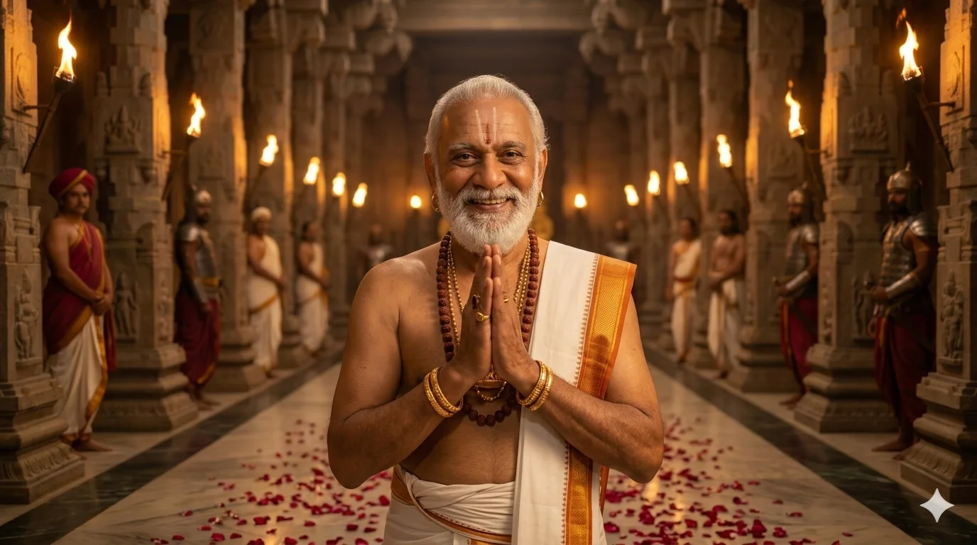 తెనాలి రామకృష్ణ విజయనగర సభలో లేచి నిలబడుతున్నాడు