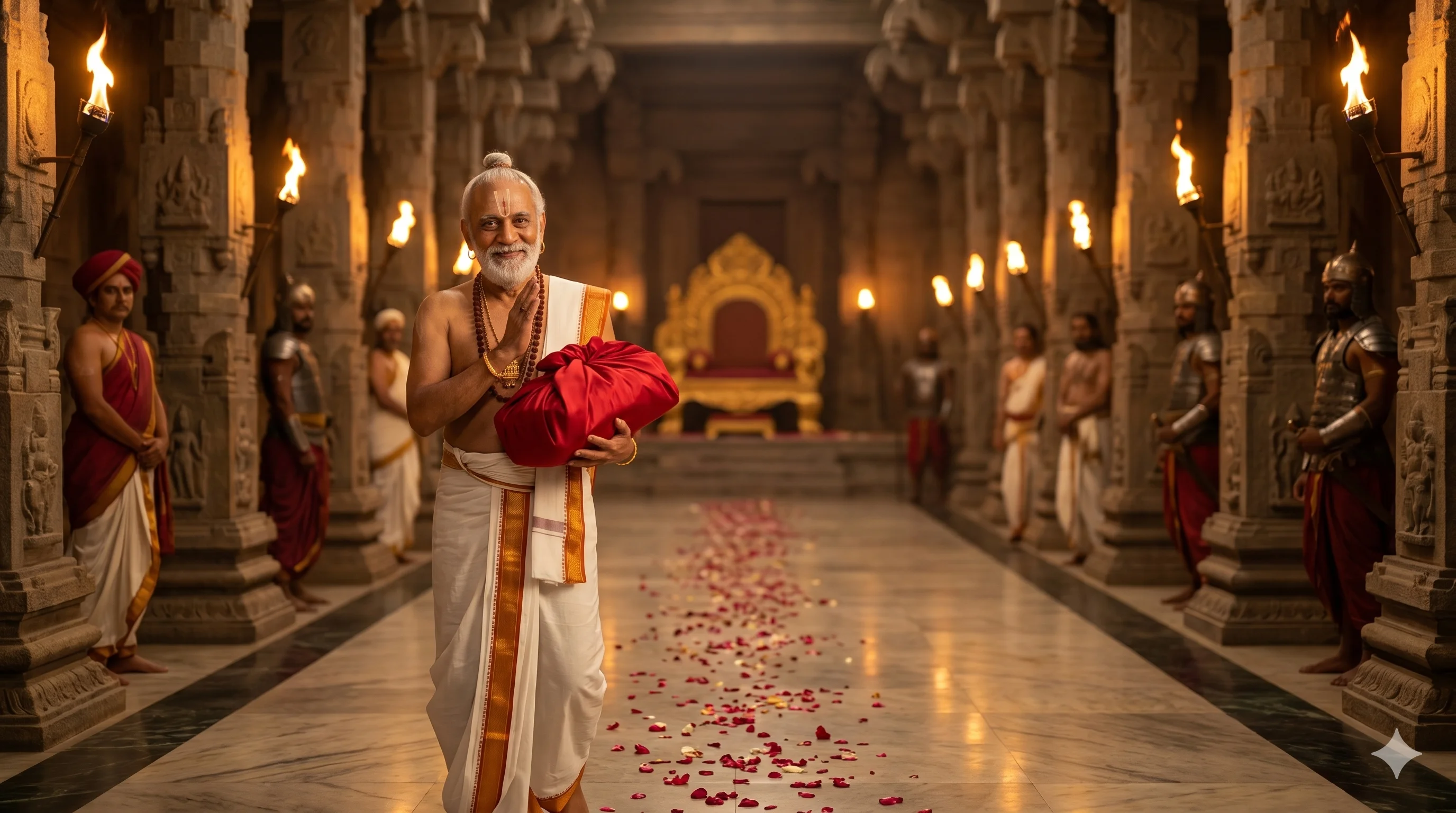 తెనాలి ఎర్రటి వస్త్రంతో కప్పిన గ్రంథం పట్టుకుని విజయనగర సభలోకి నడుస్తున్నాడు