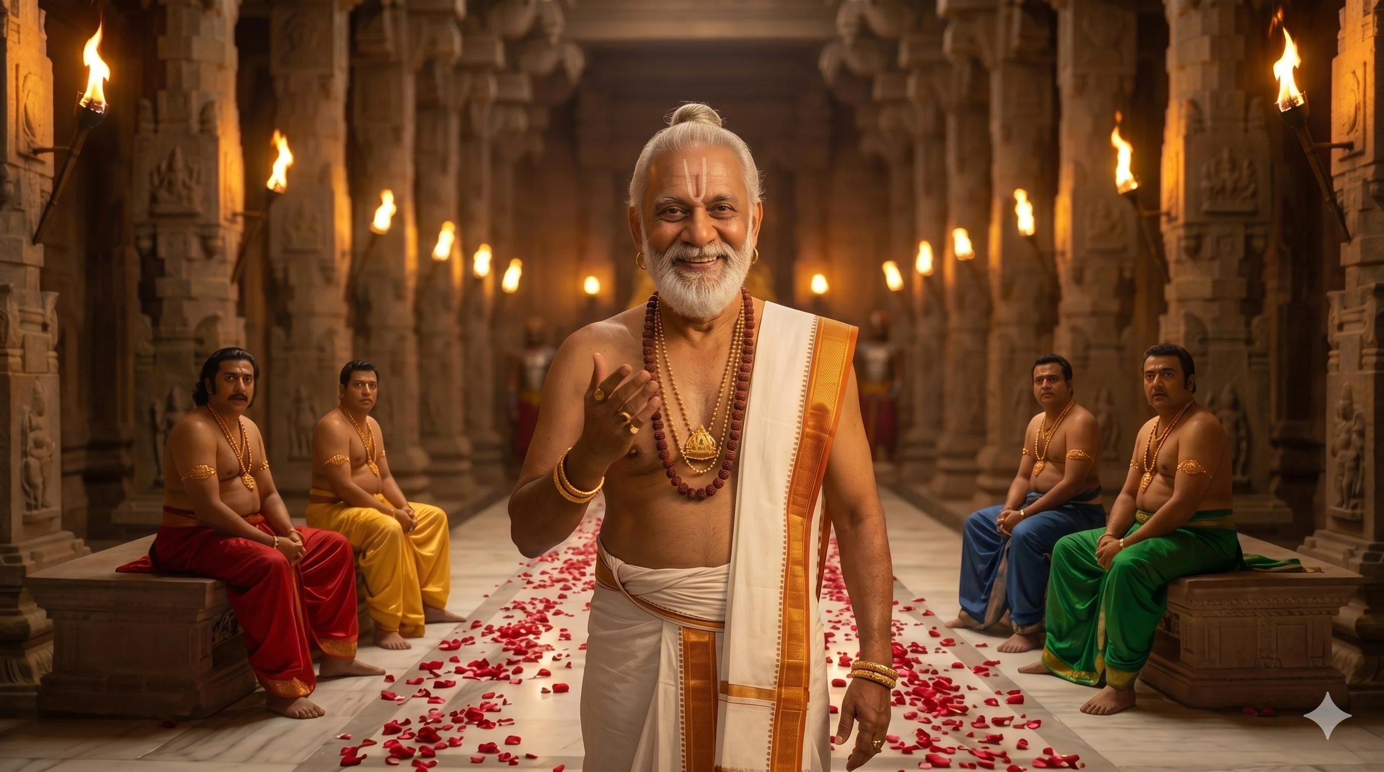 తెనాలి రామకృష్ణ చిరునవ్వుతో పండితుడిని వ్యంగ్యంగా చూస్తున్నాడు
