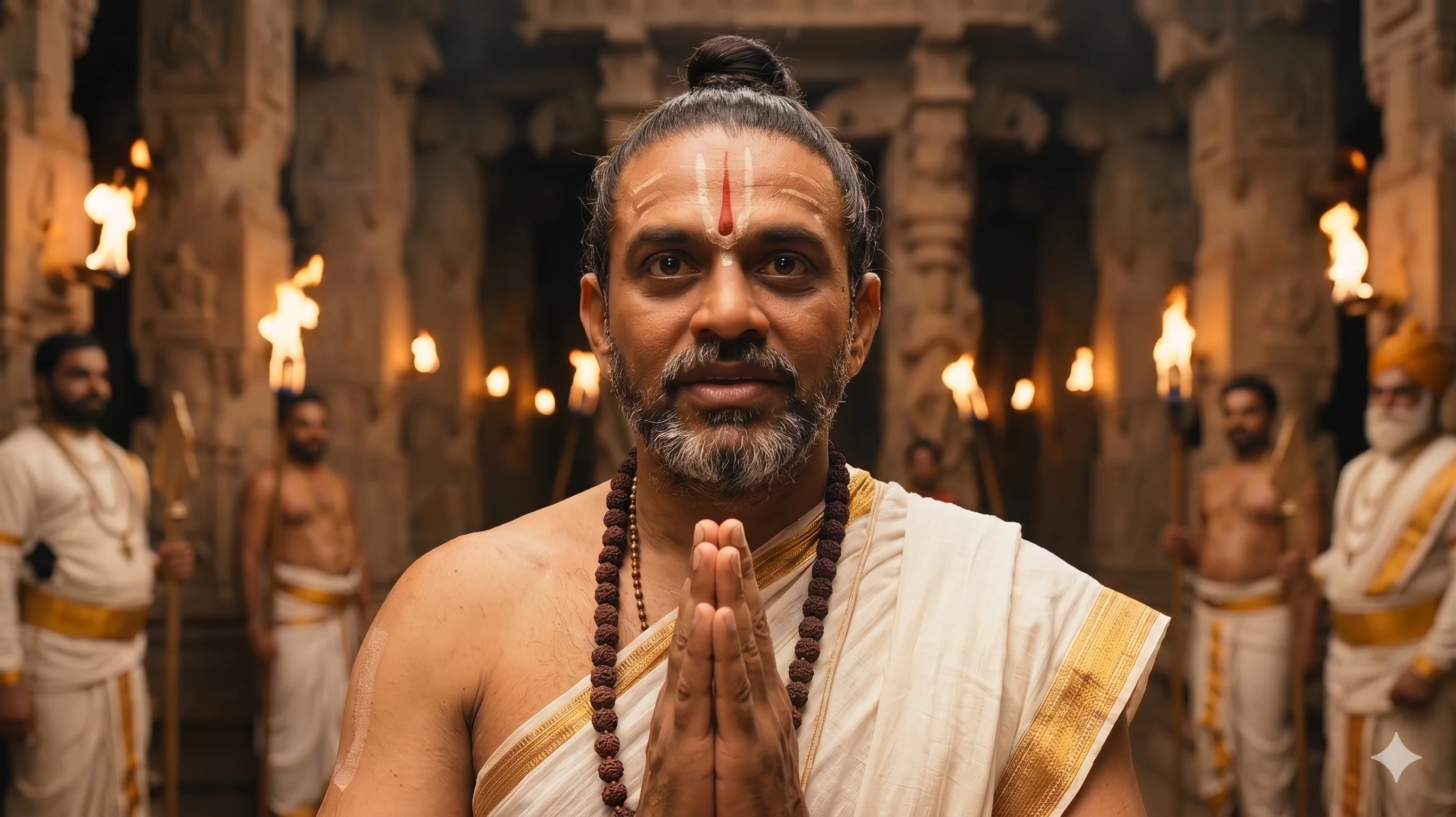 పండితుడు నిటారుగా నిలబడి గంభీరంగా తల వంచి ఓటమి అంగీకరిస్తున్నాడు — తెనాలి కథ
