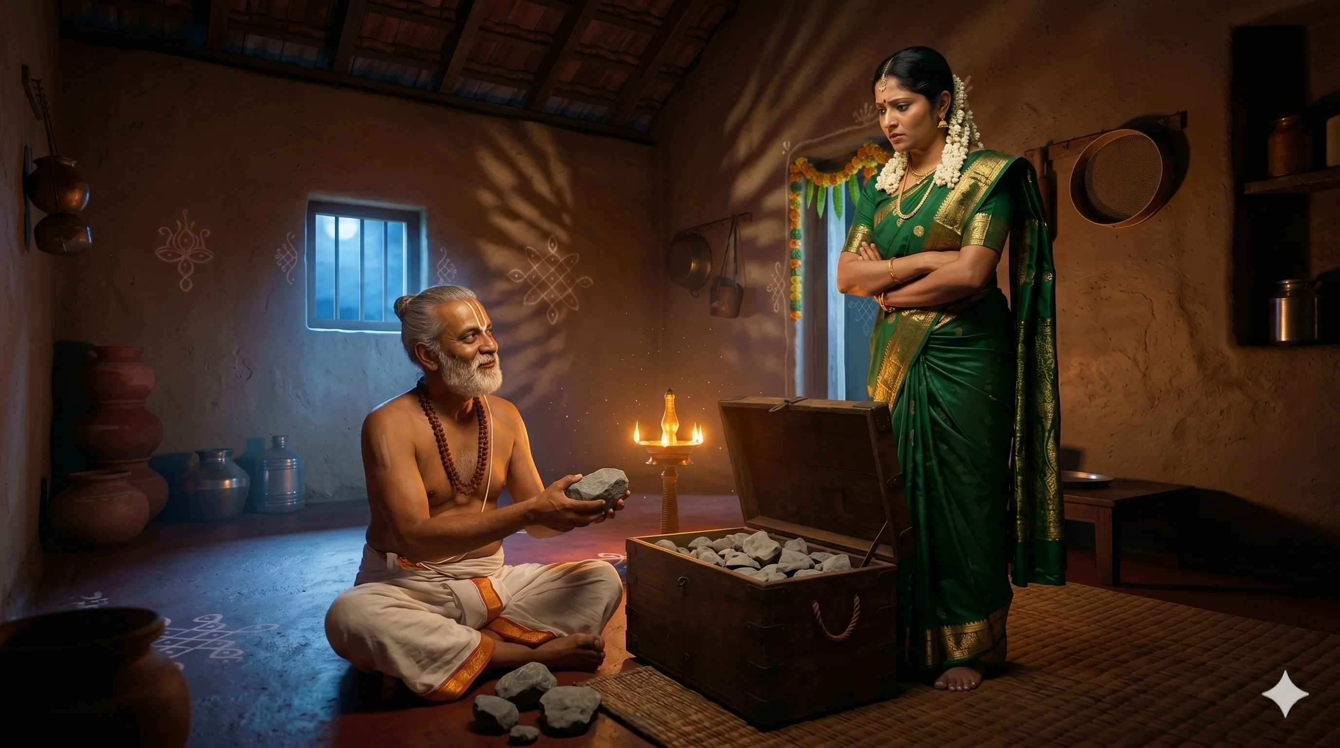 తెనాలి నేల మీద కూర్చుని పెద్ద పెట్టెలో రాళ్ళు నింపుతున్నాడు