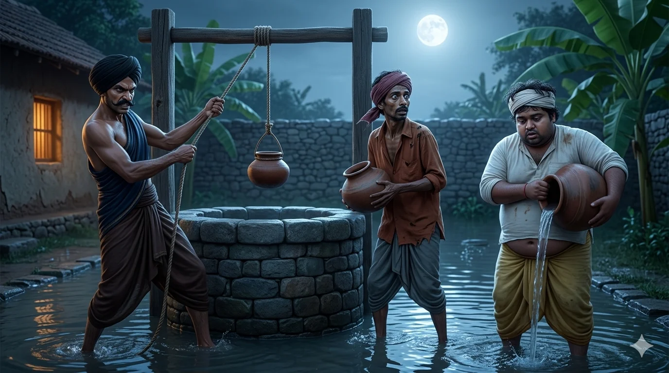 ముగ్గురు దొంగలు అర్థరాత్రి తెనాలి తోట బావిలో నీళ్ళు తోడుతున్నారు