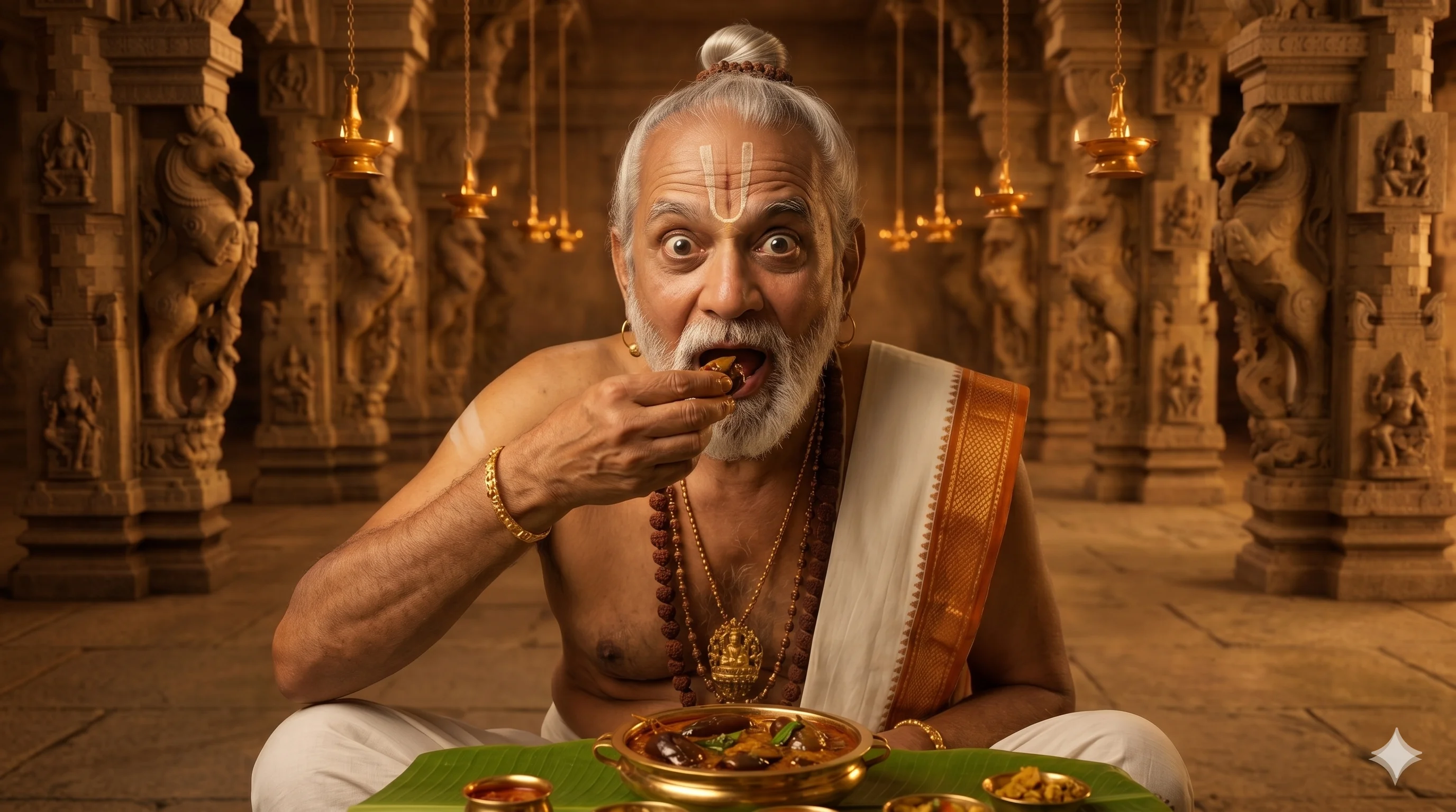 తెనాలి రామకృష్ణ వంకాయ కూర మొదటి ముద్ద తింటున్నాడు