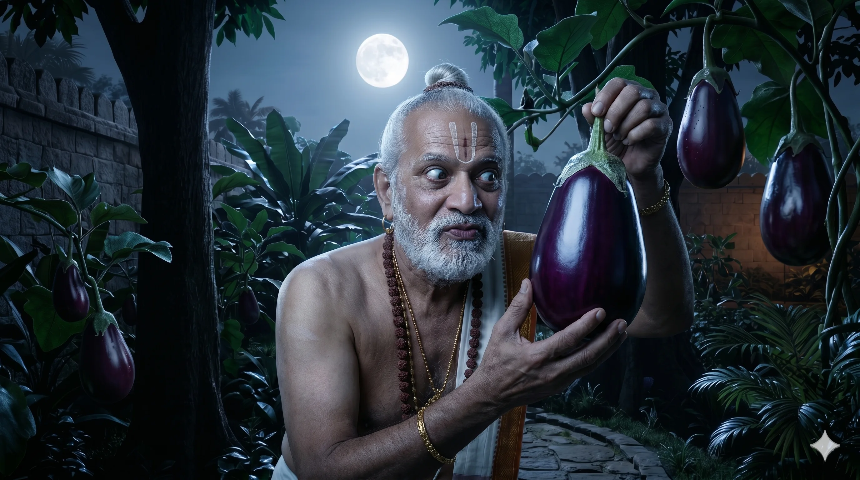 తెనాలి రాజభవన తోటలో వంకాయలు తెంచుకుంటున్నాడు