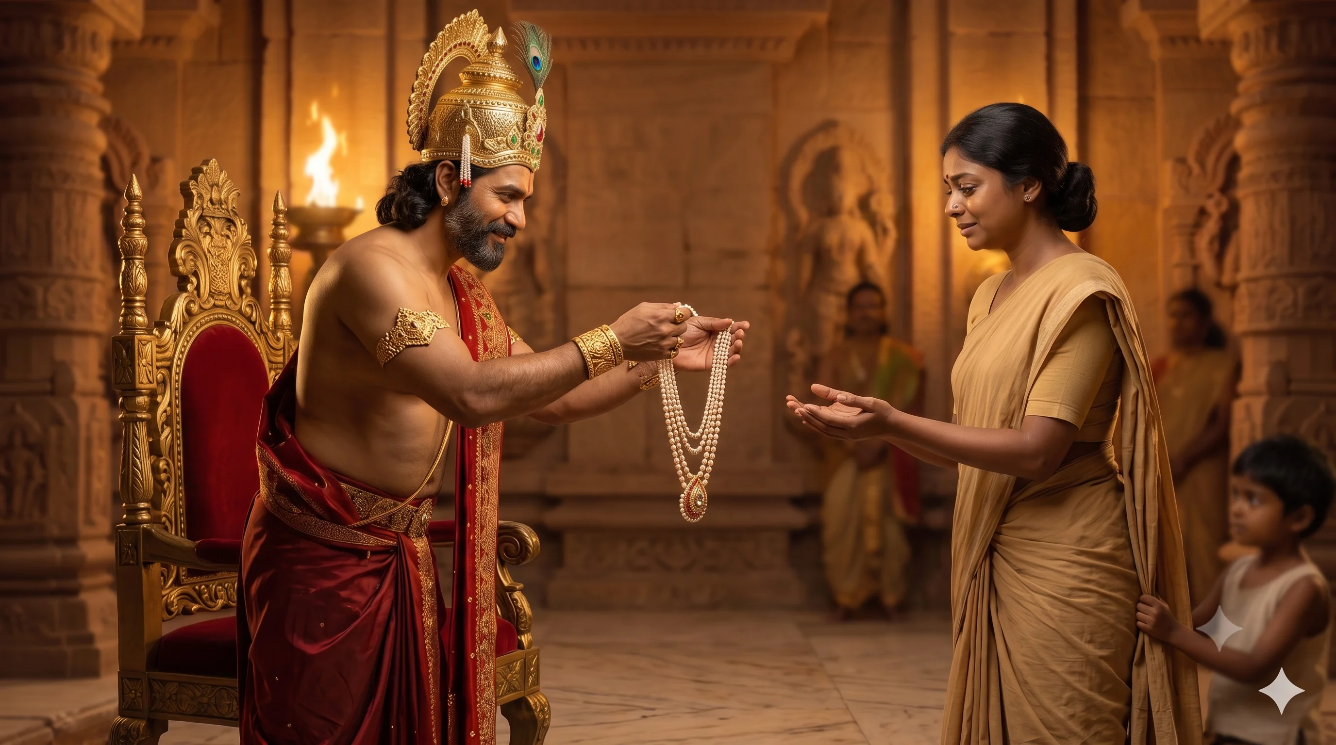 రాజు తల్లికి కంఠమాలను కానుకగా ఇస్తున్న దృశ్యం