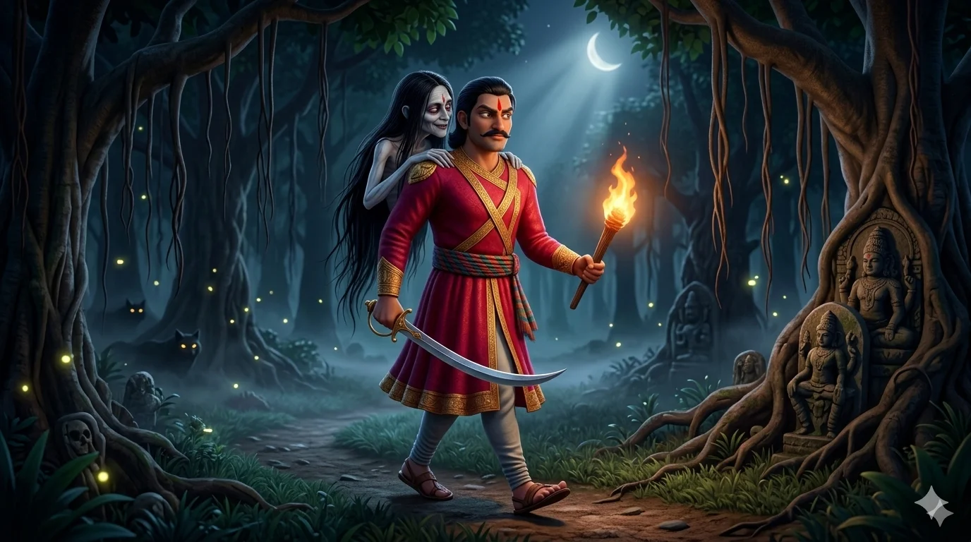 విక్రమాదిత్యుడు అడవిలో నడుస్తున్నాడు — భుజంపై బేతాళుడు
